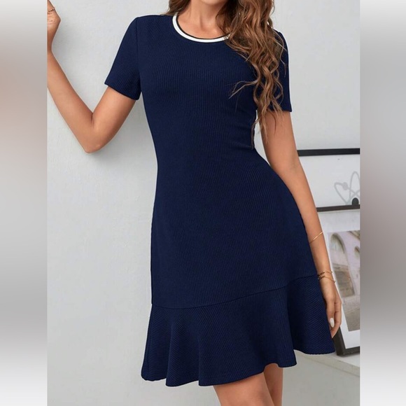 Blue and White Ruffled Mini Dress Fit and Flare - Picture 2 of 10